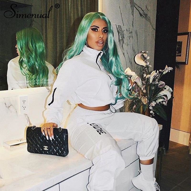 Simenual Letter Print Casual Workout Two Piece Set Women Fashion Zipper Long Sleeve Outfits Sporty Active Wear Top And Pants Set