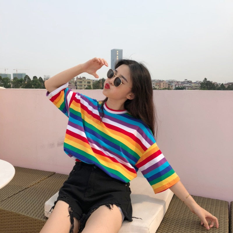 New T Shirt Women Rainbow Striped Tops Harajuku Tshirt 2018 Summer Short Sleeve Korean Punk T-shirt camiseta feminina T8