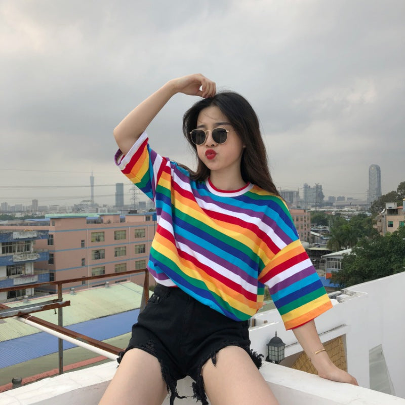 New T Shirt Women Rainbow Striped Tops Harajuku Tshirt 2018 Summer Short Sleeve Korean Punk T-shirt camiseta feminina T8