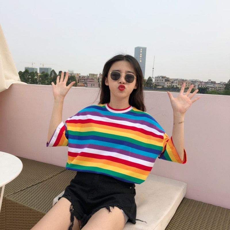 New T Shirt Women Rainbow Striped Tops Harajuku Tshirt 2018 Summer Short Sleeve Korean Punk T-shirt camiseta feminina T8