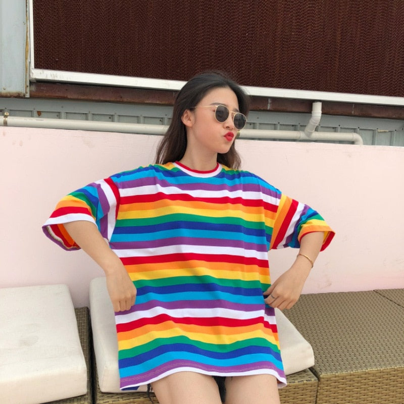 New T Shirt Women Rainbow Striped Tops Harajuku Tshirt 2018 Summer Short Sleeve Korean Punk T-shirt camiseta feminina T8