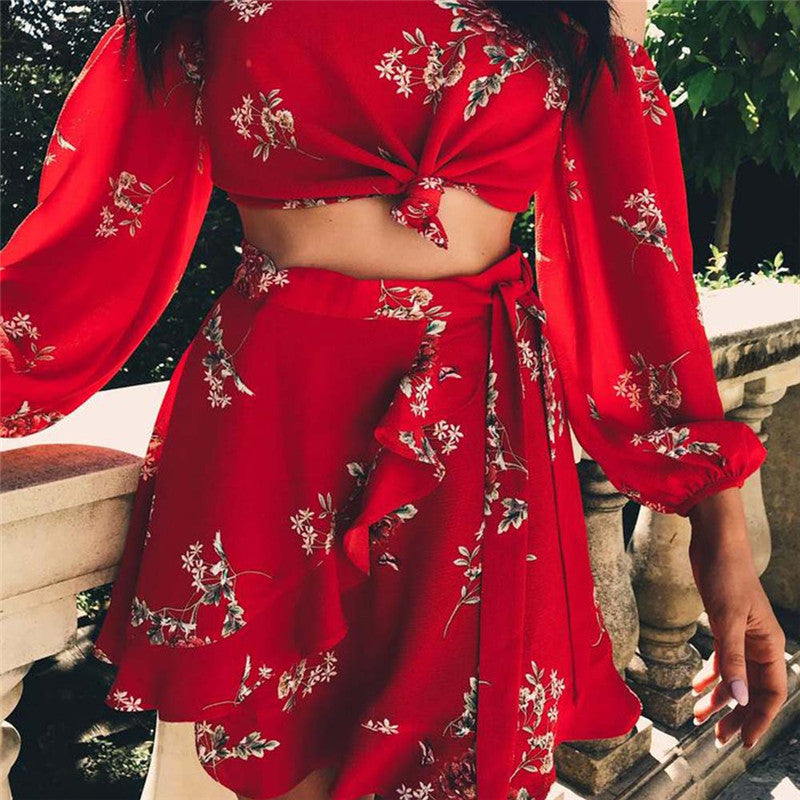 2018 New Hot Summer 2 Two Piece Set Women Sexy Off Shoulder Ruffles Tops Skirts Set Floral Print Female Casual Holiday Outfits