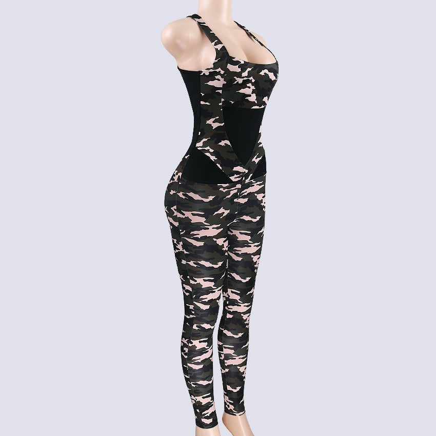 2018 Women Sexy Jumpsuit Army Camo Printed Long Rompers X Backless Sleeveless One Piece Jumpsuit Workout Camouflage Catsuit