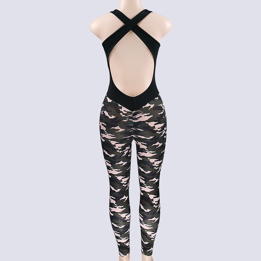 2018 Women Sexy Jumpsuit Army Camo Printed Long Rompers X Backless Sleeveless One Piece Jumpsuit Workout Camouflage Catsuit