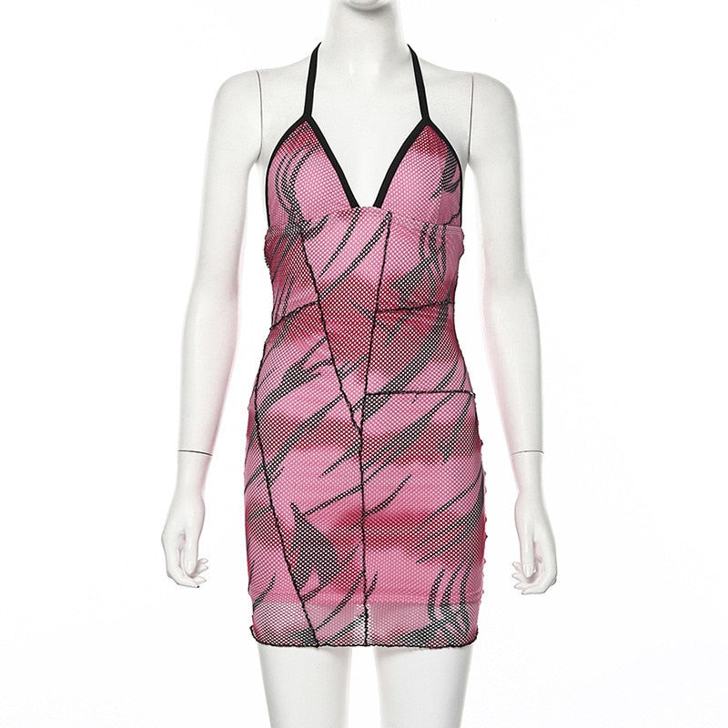 Hugcitar 2019 halter print sexy sleeveless mini dress autumn winter women V-neck bodycon outfits club streetwear
