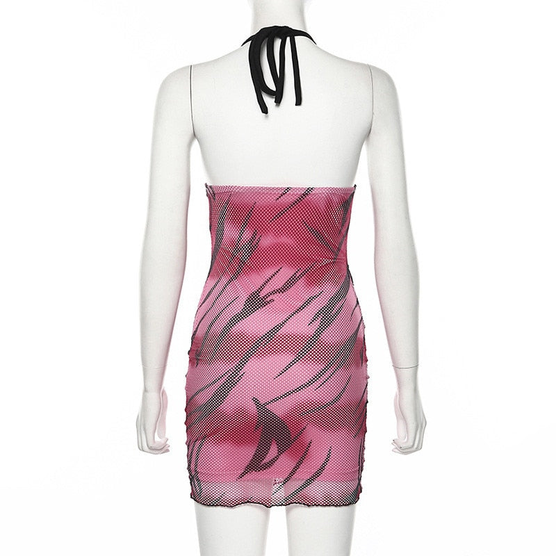 Hugcitar 2019 halter print sexy sleeveless mini dress autumn winter women V-neck bodycon outfits club streetwear