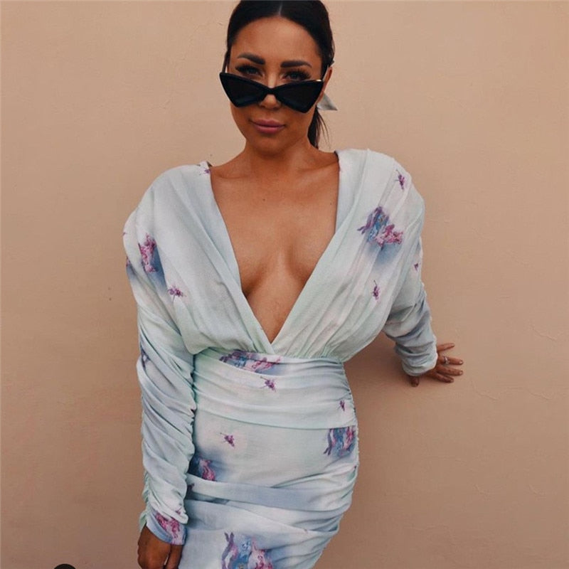 Hugcitar 2019 long sleeve V-neck print pleated sexy mini dress autumn winter women party streetwear outfits