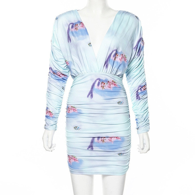 Hugcitar 2019 long sleeve V-neck print pleated sexy mini dress autumn winter women party streetwear outfits
