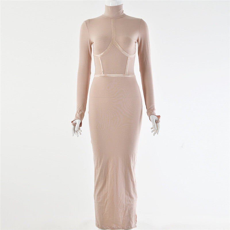 Hugcitar 2019 cotton long sleeve high neck long dress autumn winter women party elegant slim outfits streetwear