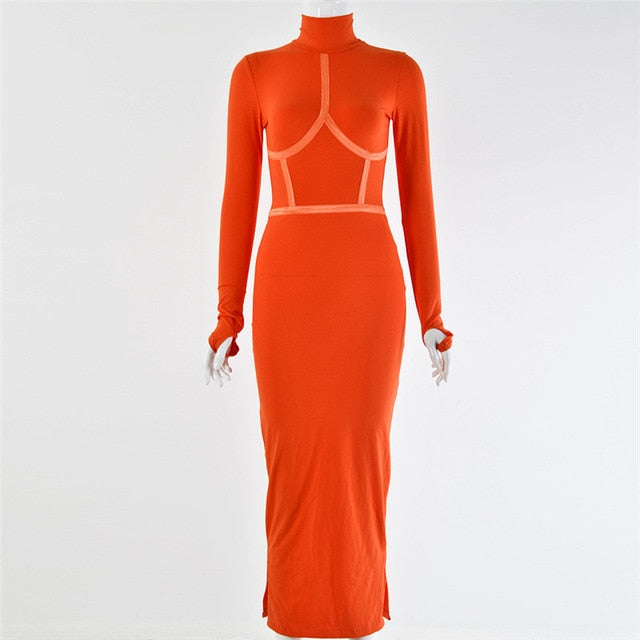 Hugcitar 2019 cotton long sleeve high neck long dress autumn winter women party elegant slim outfits streetwear