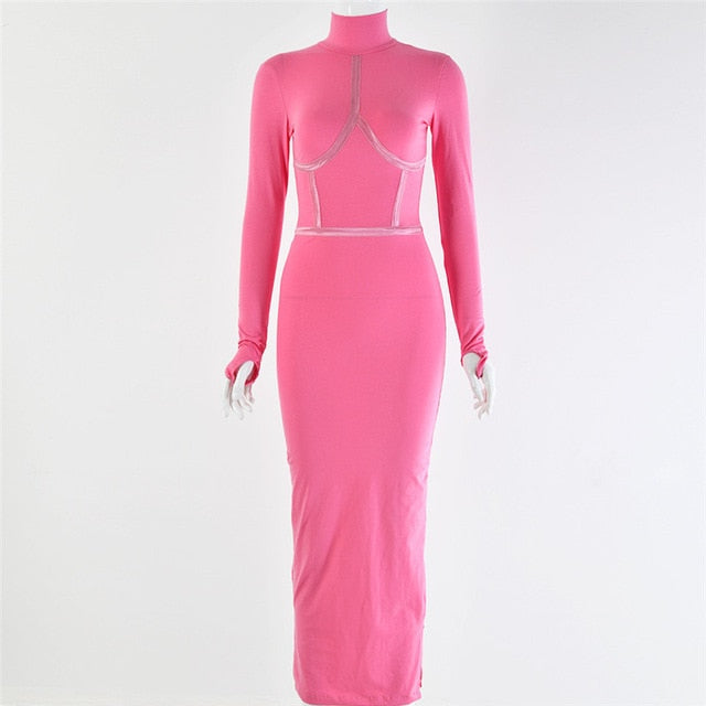 Hugcitar 2019 cotton long sleeve high neck long dress autumn winter women party elegant slim outfits streetwear