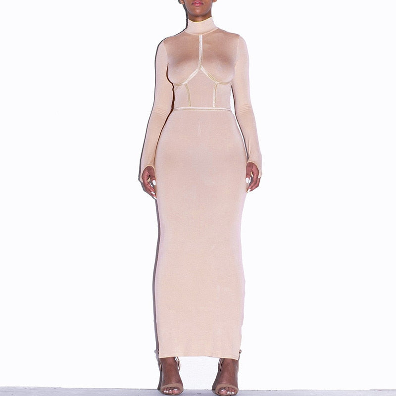 Hugcitar 2019 cotton long sleeve high neck long dress autumn winter women party elegant slim outfits streetwear