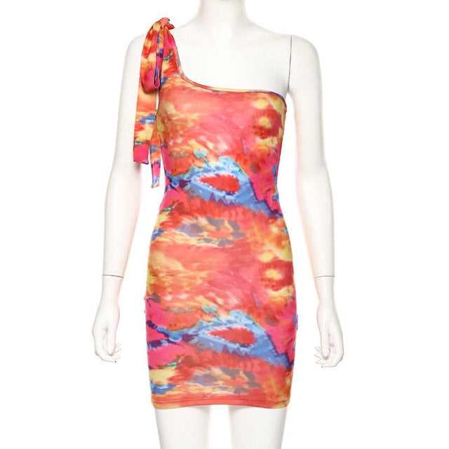 Hugcitar 2019 one-shoulder colorful print tie dye sexy mini dress autumn winter women party streetwear outfits