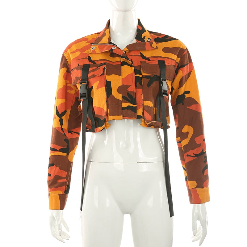 Darlingaga Streetwear Orange Camouflage Cargo Bomber Jacket Coat Pockets Buckle Fashion Autumn Jacket Women Cropped Outwear Camo