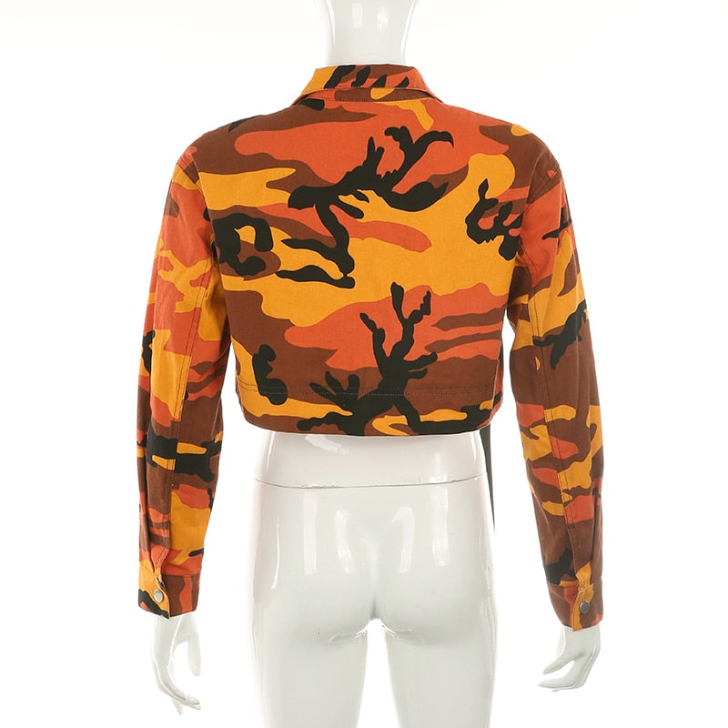Darlingaga Streetwear Orange Camouflage Cargo Bomber Jacket Coat Pockets Buckle Fashion Autumn Jacket Women Cropped Outwear Camo