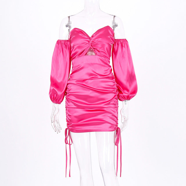 Hugcitar 2019 long puff sleeve satin slash neck sexy pink mini dress autumn winter women party elegant hollowout pleated outfits