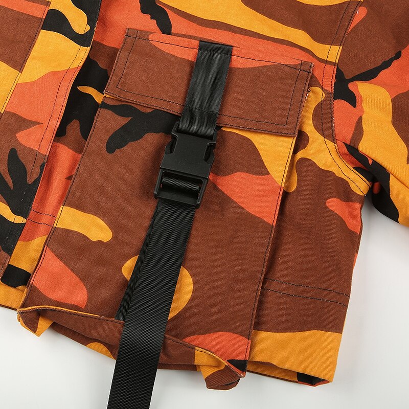 Darlingaga Streetwear Orange Camouflage Cargo Bomber Jacket Coat Pockets Buckle Fashion Autumn Jacket Women Cropped Outwear Camo