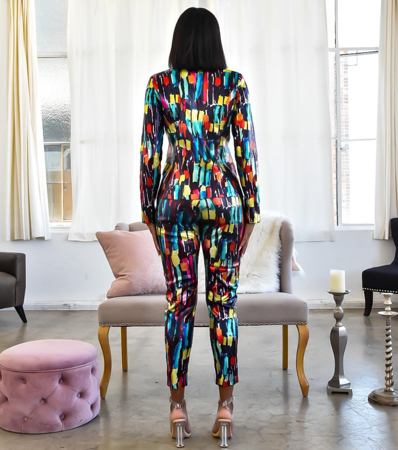 Echoine Colorful Print Women Pant Suits Blazer Jacket & Pencil Pant 2 Piece Set OL Work Office business suits combinaison femme