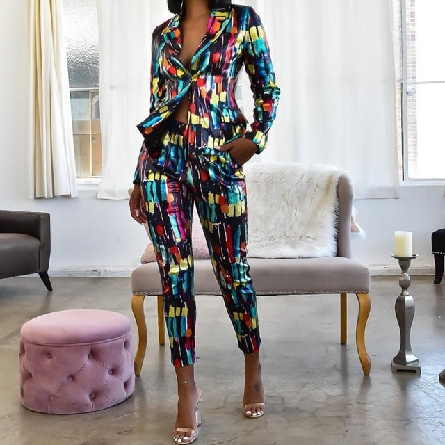 Echoine Colorful Print Women Pant Suits Blazer Jacket & Pencil Pant 2 Piece Set OL Work Office business suits combinaison femme