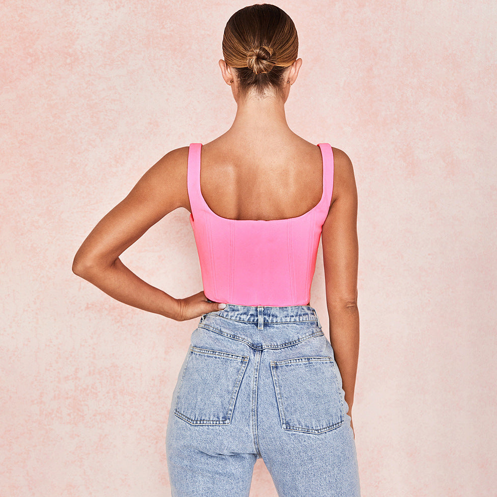 Tank Top Women Summer 2019 Fashion Hidden Breasted Solid Vest Square Collar Backless Strap Top Sleeveless Pink Crop Top AB1761