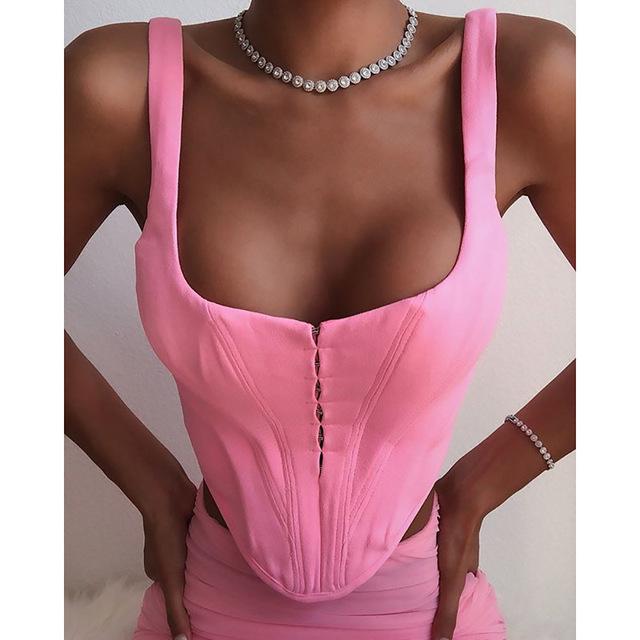 Tank Top Women Summer 2019 Fashion Hidden Breasted Solid Vest Square Collar Backless Strap Top Sleeveless Pink Crop Top AB1761
