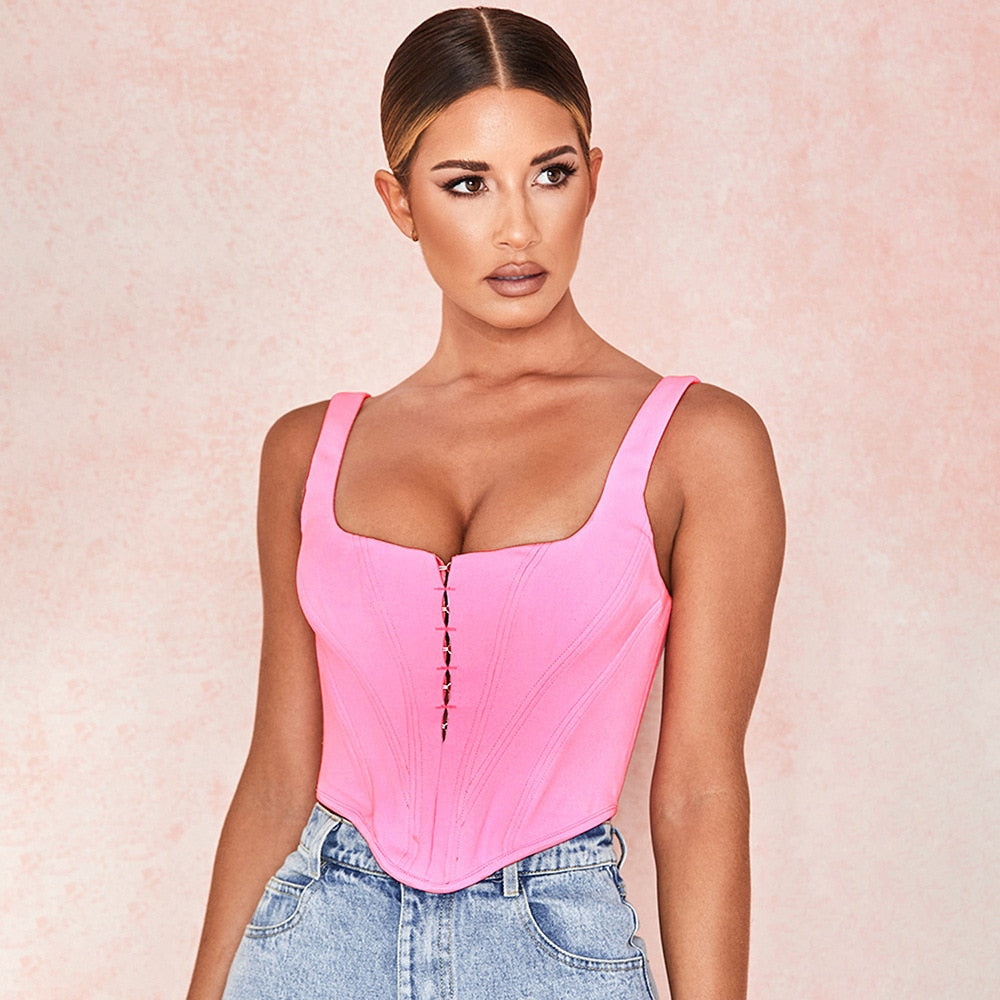Tank Top Women Summer 2019 Fashion Hidden Breasted Solid Vest Square Collar Backless Strap Top Sleeveless Pink Crop Top AB1761