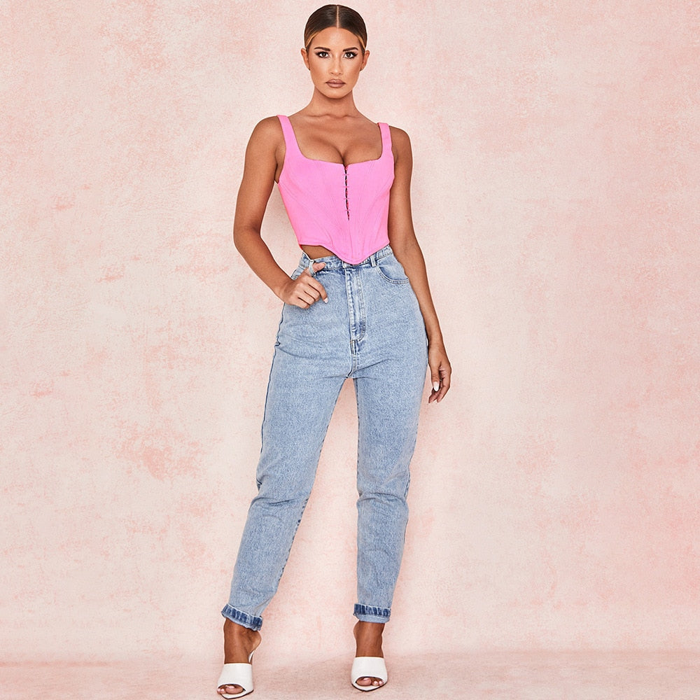 Tank Top Women Summer 2019 Fashion Hidden Breasted Solid Vest Square Collar Backless Strap Top Sleeveless Pink Crop Top AB1761