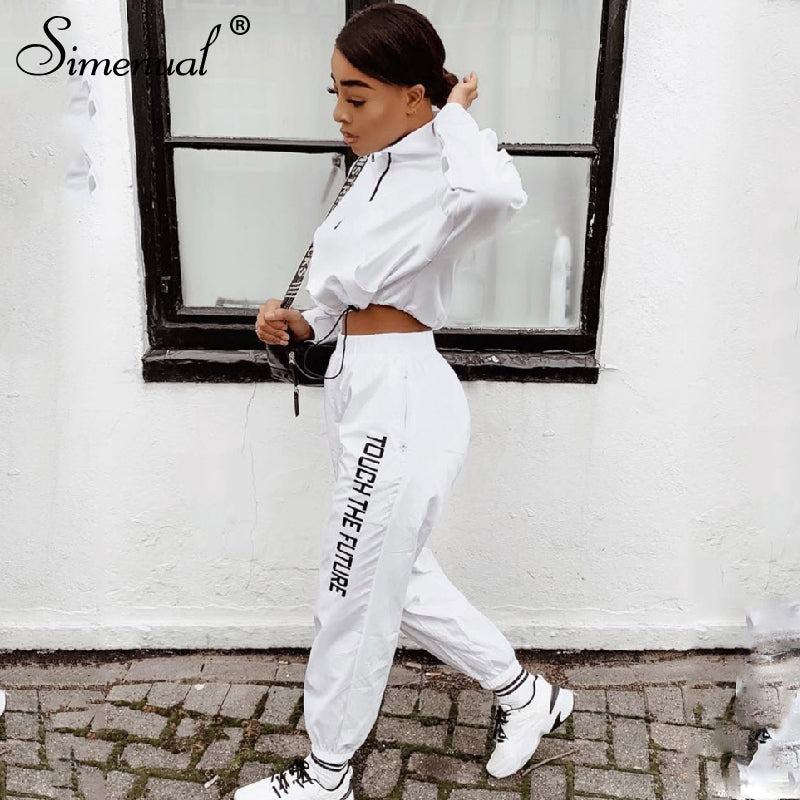 Simenual Letter Print Casual Workout Two Piece Set Women Fashion Zipper Long Sleeve Outfits Sporty Active Wear Top And Pants Set