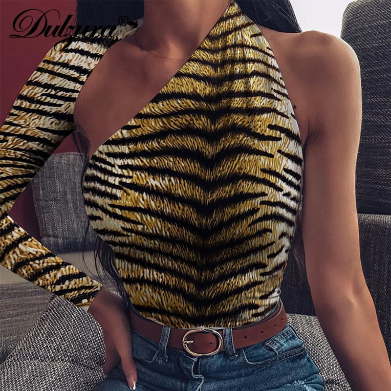 Dulzura tiger animal print bodysuit one shoulder backless bodycon sexy streetwear 2019 autumn winter body romper party clothes