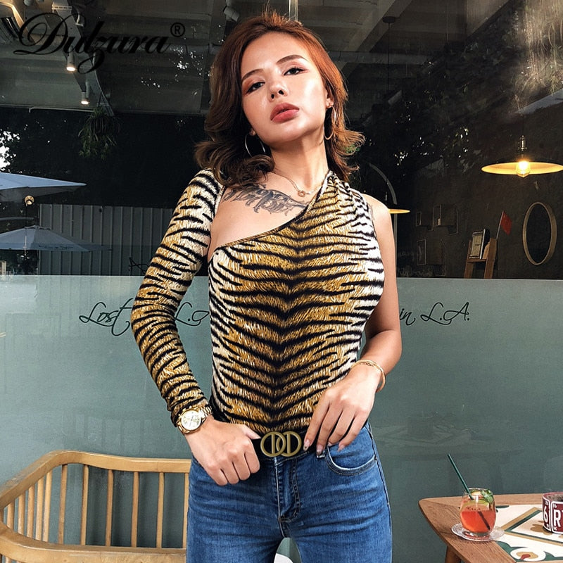 Dulzura tiger animal print bodysuit one shoulder backless bodycon sexy streetwear 2019 autumn winter body romper party clothes
