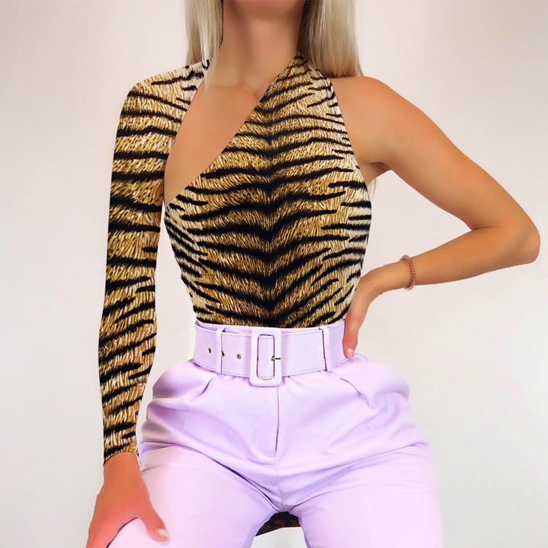 Dulzura tiger animal print bodysuit one shoulder backless bodycon sexy streetwear 2019 autumn winter body romper party clothes