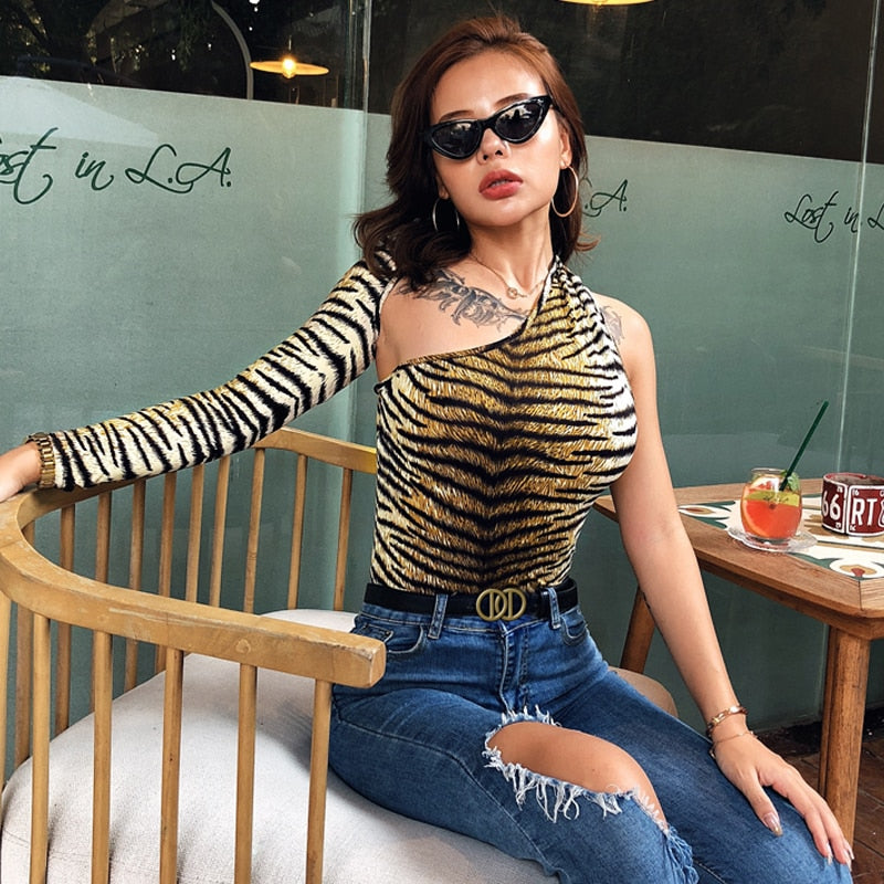 Dulzura tiger animal print bodysuit one shoulder backless bodycon sexy streetwear 2019 autumn winter body romper party clothes