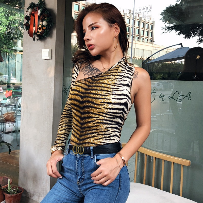Dulzura tiger animal print bodysuit one shoulder backless bodycon sexy streetwear 2019 autumn winter body romper party clothes