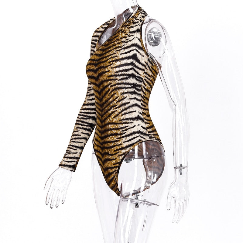 Dulzura tiger animal print bodysuit one shoulder backless bodycon sexy streetwear 2019 autumn winter body romper party clothes