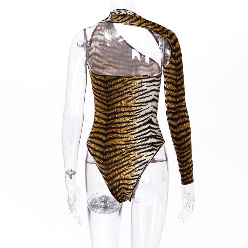 Dulzura tiger animal print bodysuit one shoulder backless bodycon sexy streetwear 2019 autumn winter body romper party clothes