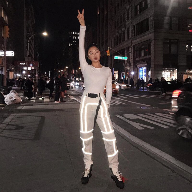 Women 2 Piece Tracksuit Reflective Cropped Top Loose Pants Sets Fashion Female Shine Black Tank Top And Trouser Chandal Mujer
