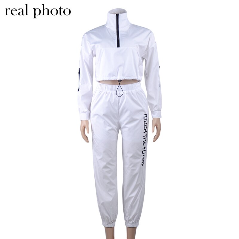 Simenual Letter Print Casual Workout Two Piece Set Women Fashion Zipper Long Sleeve Outfits Sporty Active Wear Top And Pants Set