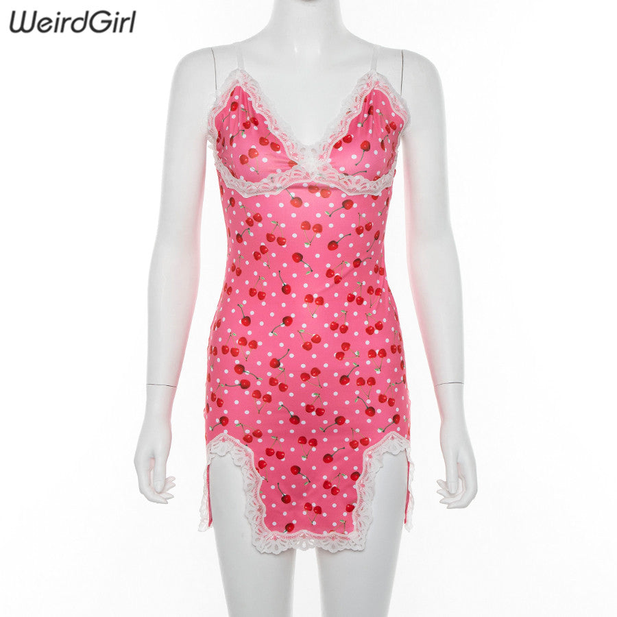 Weirdgirl women lace up cherry dot print sexy dress slip slit cute girl pink vestidos sleeveless v-neck bodycon femme short mini