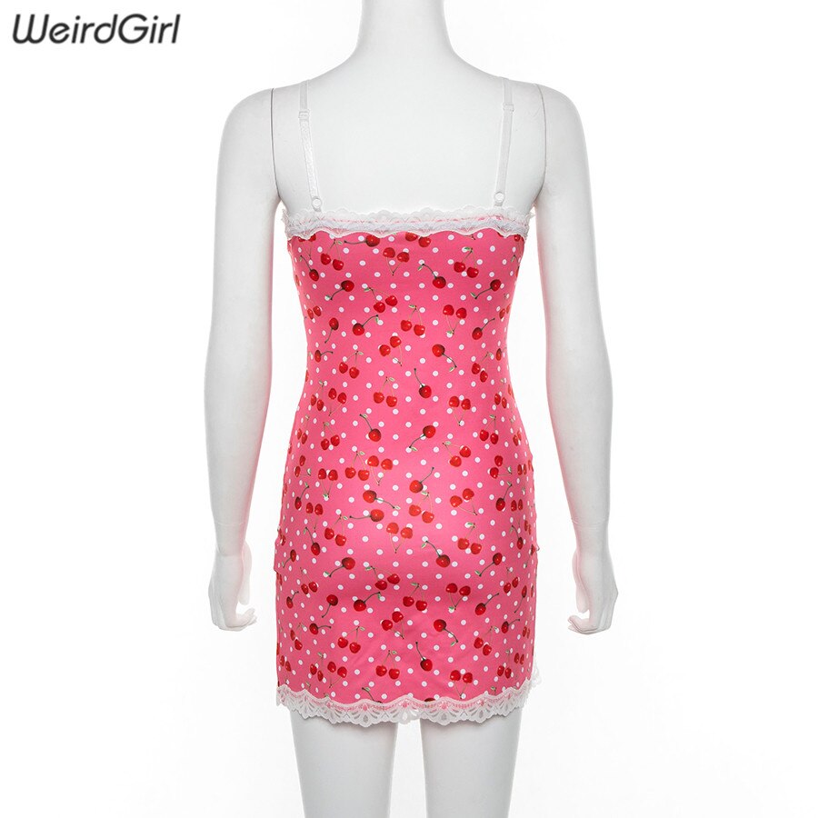 Weirdgirl women lace up cherry dot print sexy dress slip slit cute girl pink vestidos sleeveless v-neck bodycon femme short mini