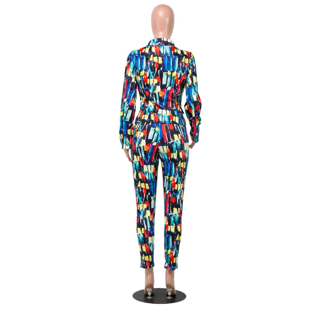 Echoine Colorful Print Women Pant Suits Blazer Jacket & Pencil Pant 2 Piece Set OL Work Office business suits combinaison femme