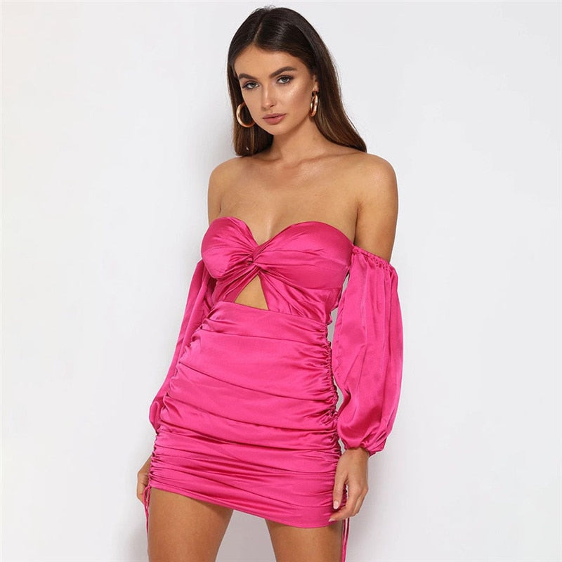 Hugcitar 2019 long puff sleeve satin slash neck sexy pink mini dress autumn winter women party elegant hollowout pleated outfits