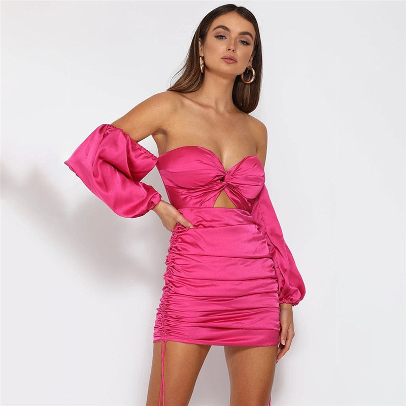 Hugcitar 2019 long puff sleeve satin slash neck sexy pink mini dress autumn winter women party elegant hollowout pleated outfits