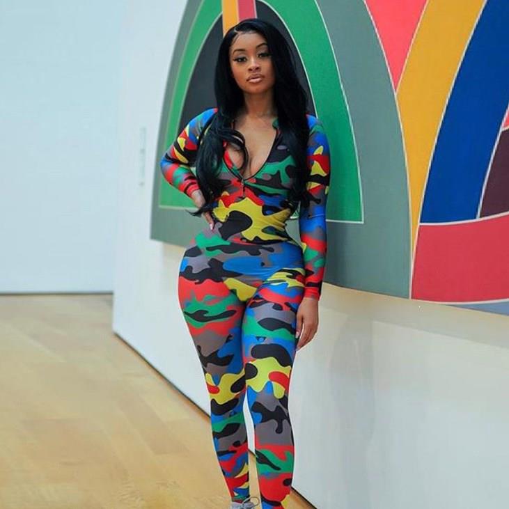 Long Skinny Jumpsuit Women Zipper V Collar Full Sleeve Casual Camouflage Bodysuit Sexy Rompers Ladies Playsuit