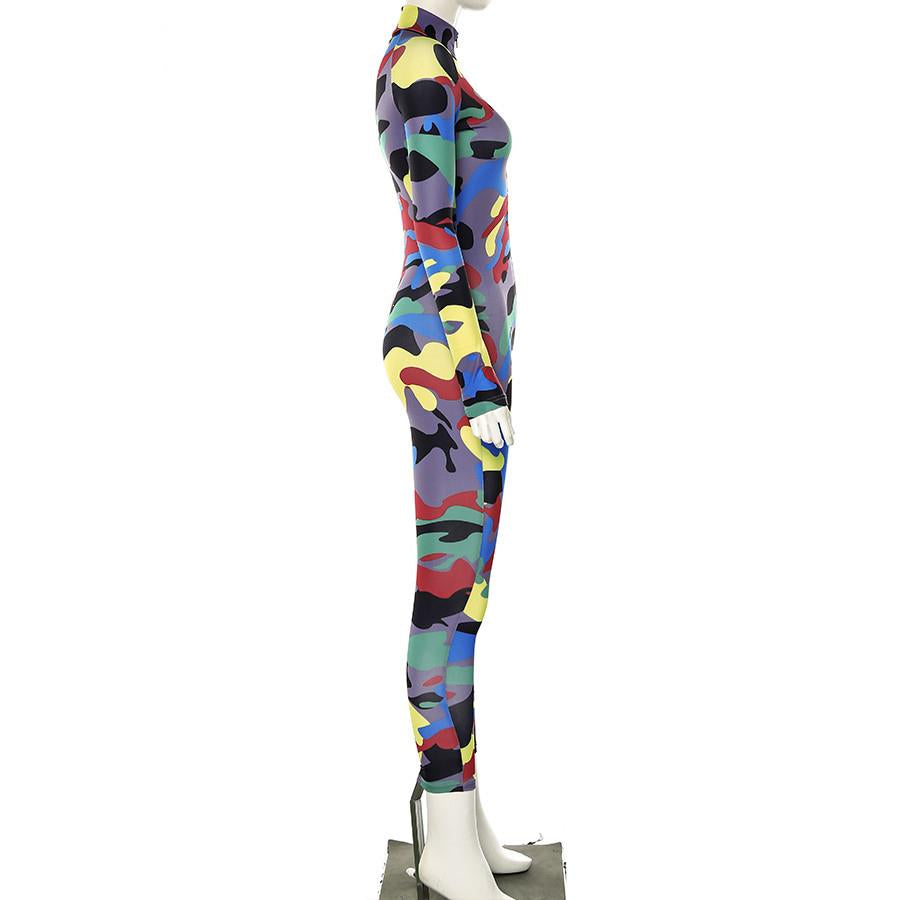 Long Skinny Jumpsuit Women Zipper V Collar Full Sleeve Casual Camouflage Bodysuit Sexy Rompers Ladies Playsuit