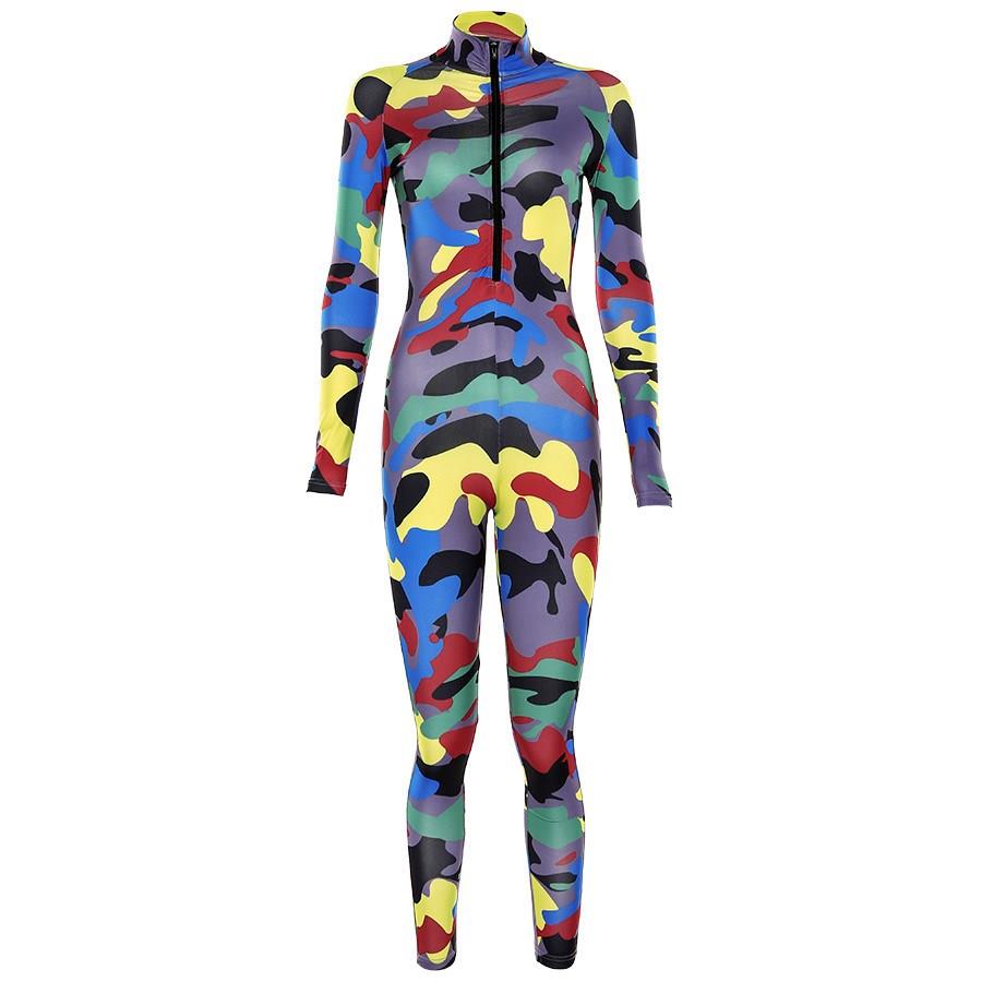 Long Skinny Jumpsuit Women Zipper V Collar Full Sleeve Casual Camouflage Bodysuit Sexy Rompers Ladies Playsuit