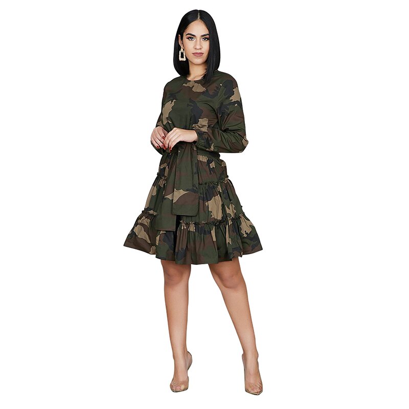 Camouflage Sexy Pleated Dress Women Long Sleeve High Waist Sashes Autumn Winter Dress Causal Plus Size Ruched Slim Mini Dresses
