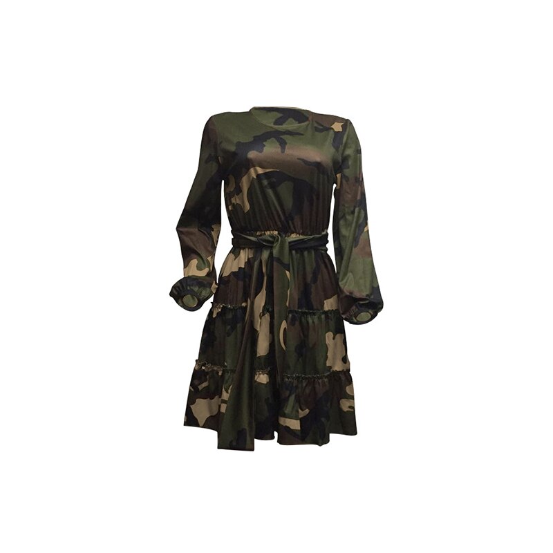 Camouflage Sexy Pleated Dress Women Long Sleeve High Waist Sashes Autumn Winter Dress Causal Plus Size Ruched Slim Mini Dresses