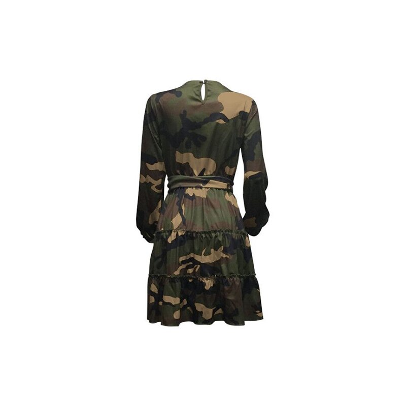 Camouflage Sexy Pleated Dress Women Long Sleeve High Waist Sashes Autumn Winter Dress Causal Plus Size Ruched Slim Mini Dresses