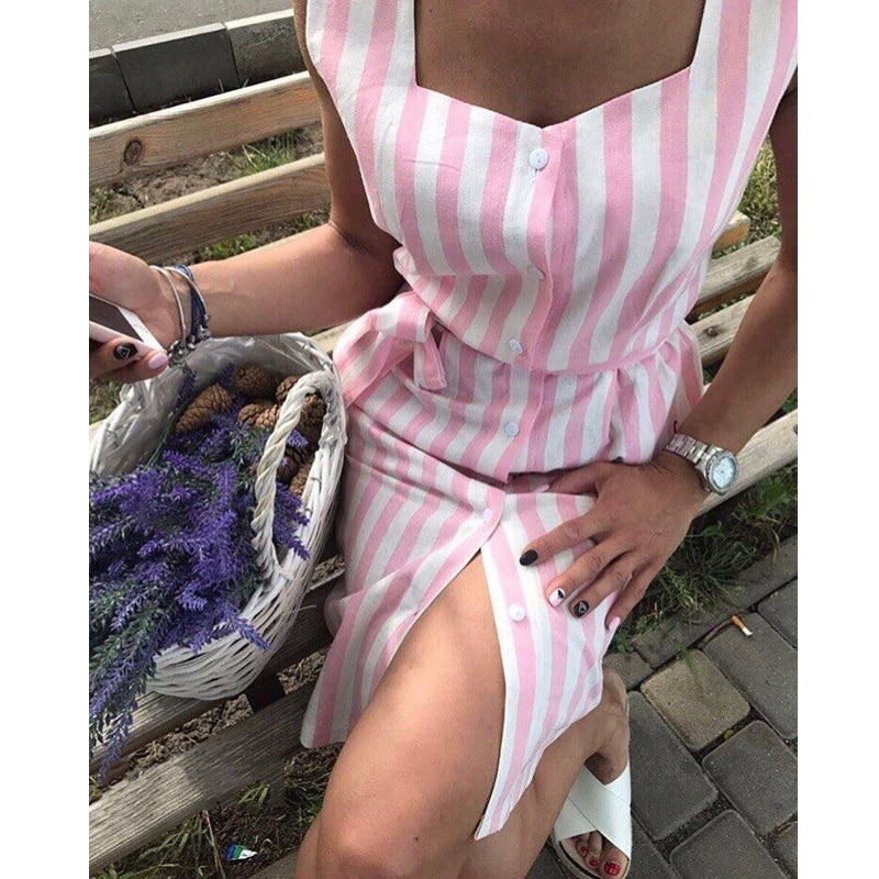 2020 New Women Elegant Stripe Shirt dress Square collar sleeveless belt dresses Pink Stripe Beach Party Dress Vestidos