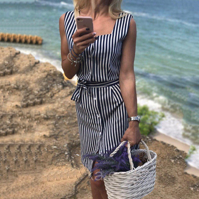 2020 New Women Elegant Stripe Shirt dress Square collar sleeveless belt dresses Pink Stripe Beach Party Dress Vestidos